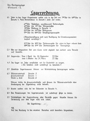 Lagerordnung des Durchgangslagers Gießen, August 1950.