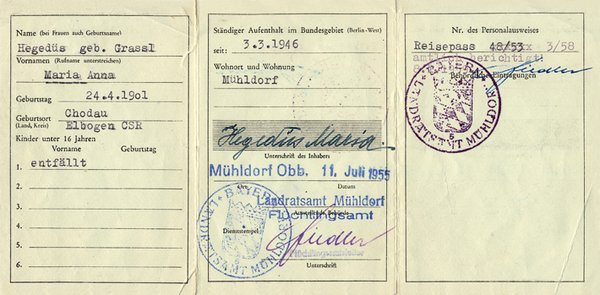 "Vertriebenenausweis" von Maria Anna Hegedüs, geb. Grassl, ausgestellt am 11. Juli 1955