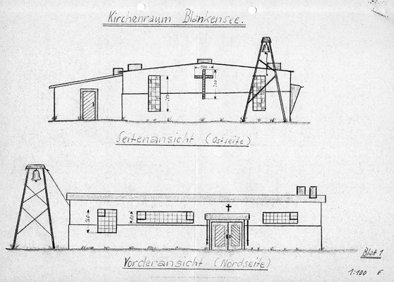 Bauzeichnung zum Umbau einer Baracke zu einer Kirche im Lager Lübeck-Blankensee (Maßstab: 1:100), 1959.