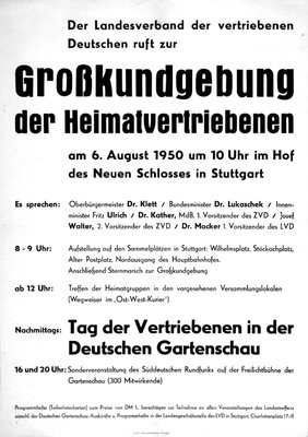 Anschlag des Landesverbands der vertriebenen Deutschen zur Großkundgebung im Hof des Neuen Schlosses in Stuttgart am 6. August 1950.